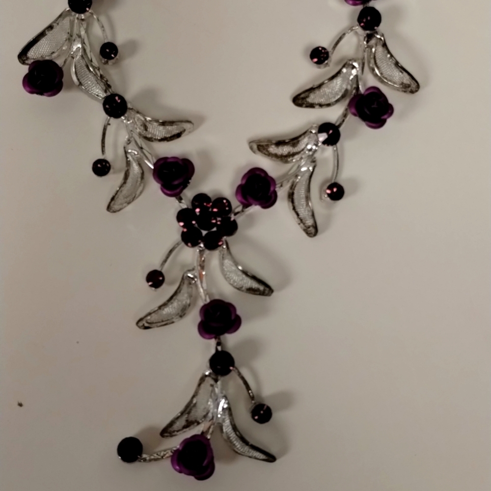 Christina Collection, Purple Roses, Purple Rhinestones, Silver Tone. 7 inch drop
